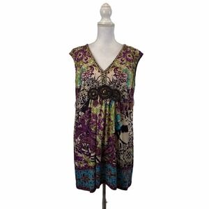 Vintage ICE Med Multicolor Sleeveless Mini Dress Beaded Boho Summer Beach Artsy